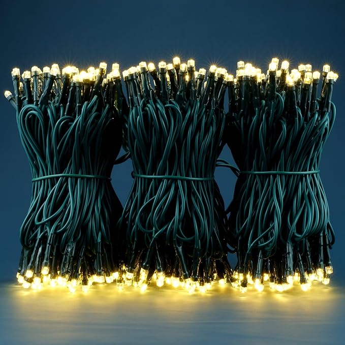 YULETIME 100 ft 300 Count Warm White LED String Lights with 8 Models Adapter, Green Wire Wide Angle 5mm Christmas Lights (Warm White - Green Wire)