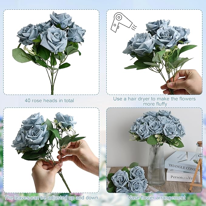 Artificial Roses Bouquets - 8 Bundles Fake Silk Flowers Realistic Faux Florals Bulk for Wedding Bridal Party Baby Shower Event Home Arrangements Centerpieces Decorations (Dusty Blue)