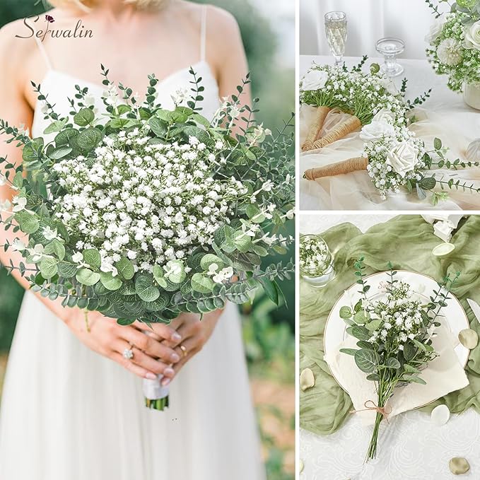 Serwalin 200 Pcs Mixed Artificial Eucalyptus Stems，Babys Breath Artificial Flowers Bulk with Artificial Fake Greenery Stems for Wedding DIY Bouquets Floral Arrangement Home Decor