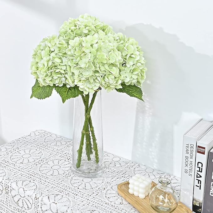 Waipfaru 21" Real Touch Hydrangea Artificial Flowers with Long Stem & Leaves, Full Latex Faux Hydrangea Flowers for Home Decor Party Floral Arrangements Wedding Bouquets Centerpieces, Green 3Pcs