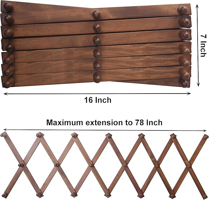 SKOLOO Hat Rack for Wall with 20 Hooks, Solid Wooden, Modern, Expandable Coat Rack Wall Mount for Coats, Hats, Bags, Baseball Caps, Walnut Color