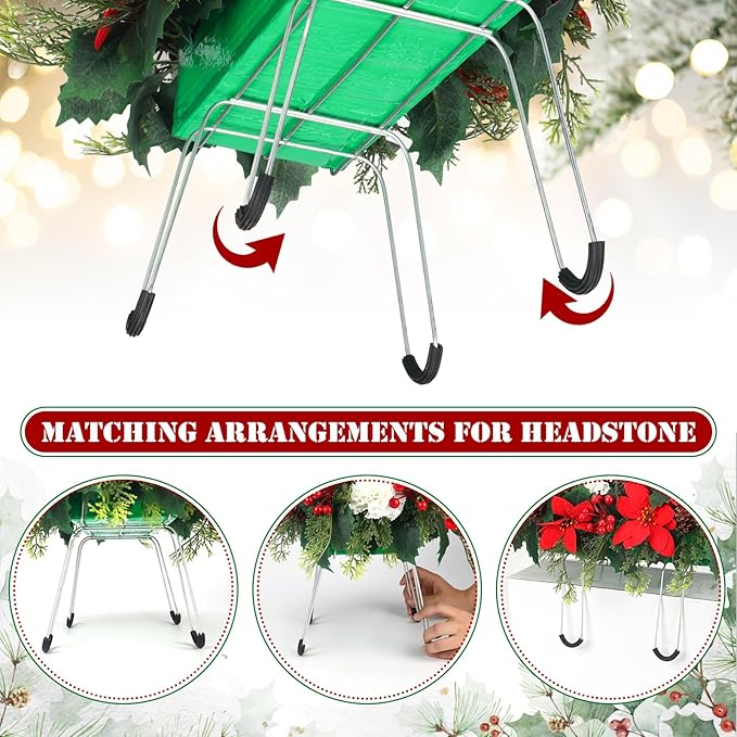 Christmas Cemetery Decorations for Grave Headstone Flower Saddle Artificial Flower Saddles Red Poinsettia Outdoor Memorial Headstone Realistic Bouquet(Red and White,Elegant Style)