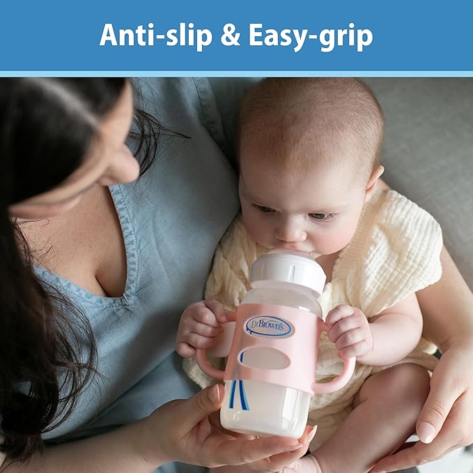 Dr. Brown's Wide-Neck Baby Bottle Handles, 100% Silicone, Easy Grip Removable Handles for Bottle to Sippy Cup Transition, Black/Ecru/Pink, 3-Pack, 4m+