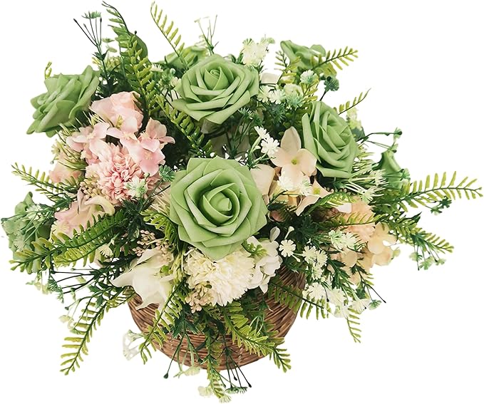 Artificial Rose Flowers 25pcs, Matcha Green Foam Fake Rose Faux Flower for Wedding Bouquets Bridal Shower Centerpieces Floral Arrangements Home Decorations Party Backdrops Table