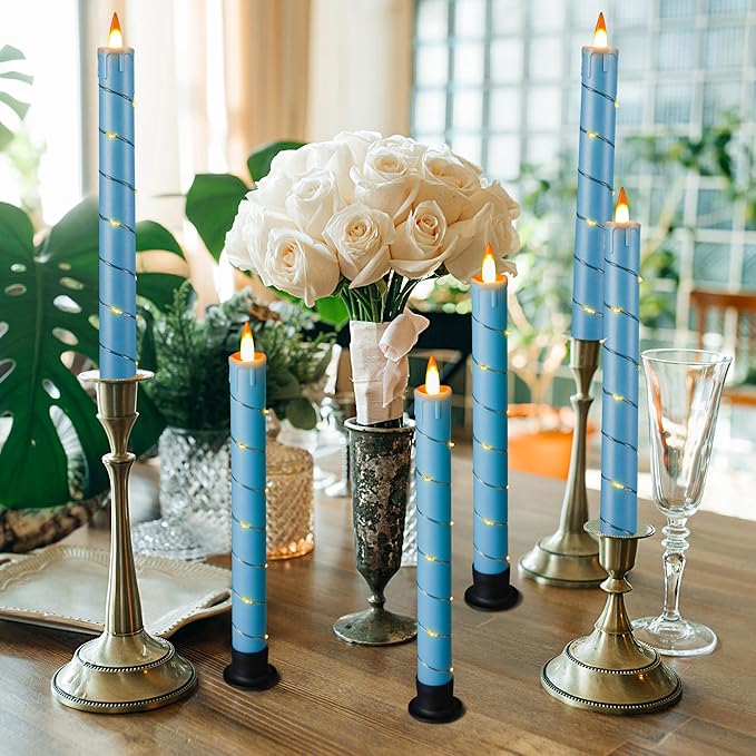 Da by 3 Pcs Flickering Flameless Battery Operated Taper Candle-Window Candles with Remote and Time-LED 3D Dynamic Flame-9.6 Inches for Wedding, Party,Home Decoration-Blue