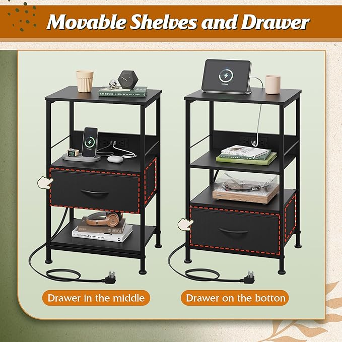 WLIVE Night Stand with Charging Station, LED Nightstand with Adjustable Fabric Drawer, 3-Tier Storage Bedside Table, Small End Side Tables for Bedroom, Black