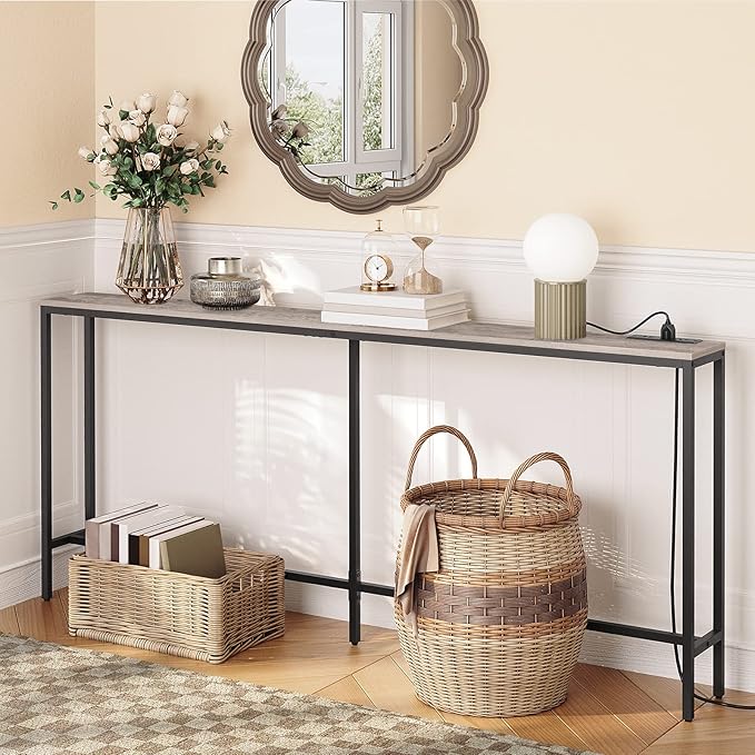 70.9'' Console Table with Power Outlet, Narrow Sofa Table, Industrial Entryway Table with USB Ports, Behind Couch for Entryway, Hallway, Foyer, Living Room, Greige CTHG18E01Z1