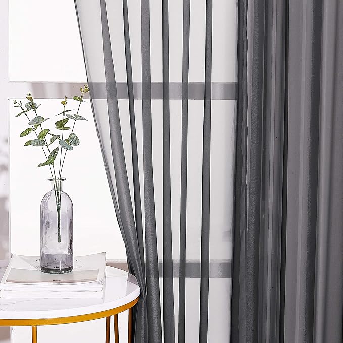 NICETOWN 96" Long Sheer Curtains - Nickel Grommet Top Lighter Weight Airy Window Voile Panel Decorations for Living Room (W54 Inches, Black, 1 Pair)