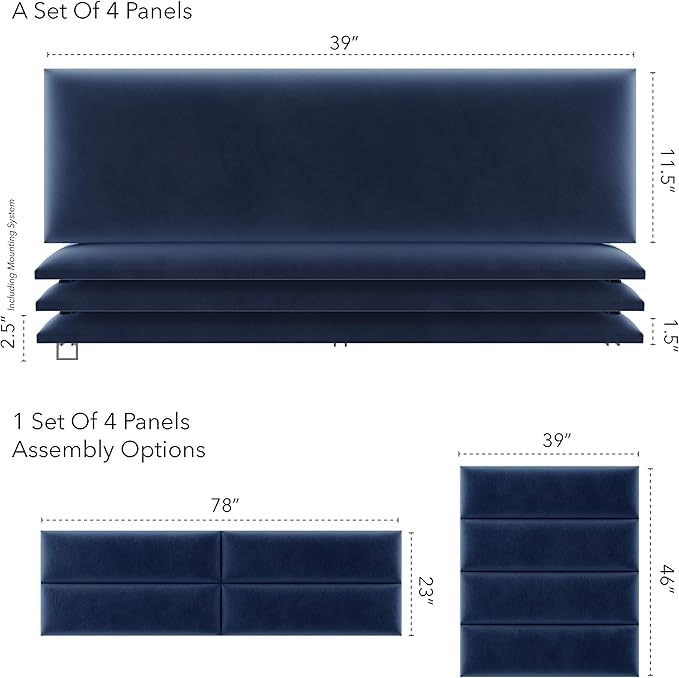 Vänt Upholstered Wall Panels - King/Cal King Size Wall Mounted Velvet Headboards - Velvet Navy - Twin/King - Set of 4 Panels (Each Individual Panel 39"x11.5")