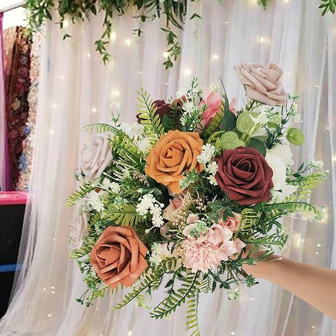 Artificial Fake Flowers 25pcs Roses, Shade of Brown Foam Rose Faux Flower for DIY Wedding Bouquets Bridal Shower Centerpieces Floral Arrangements Party Tables Home Decorations