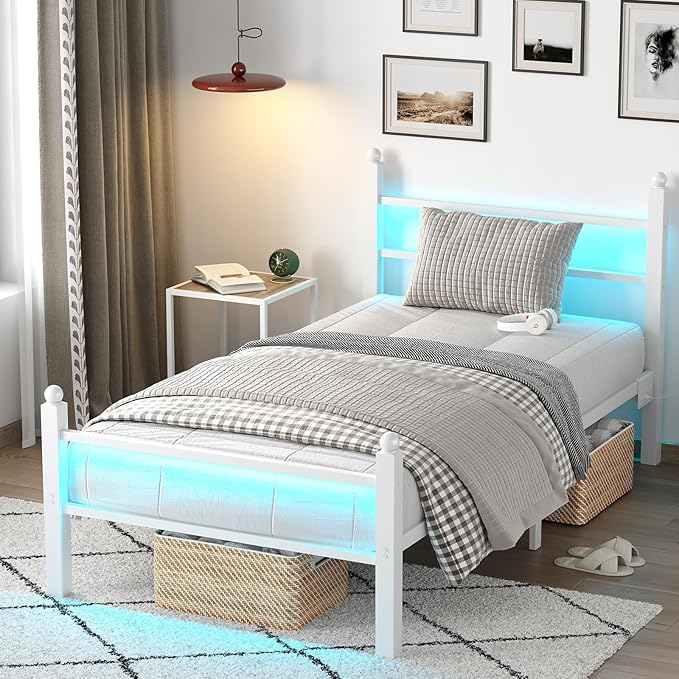 Twin Bed Frame with Headboard and Footboard, Metal Bed Frame with Charging Station and LED Lights, Under Bed Storage, No Box Spring Needed,Noise Free,White