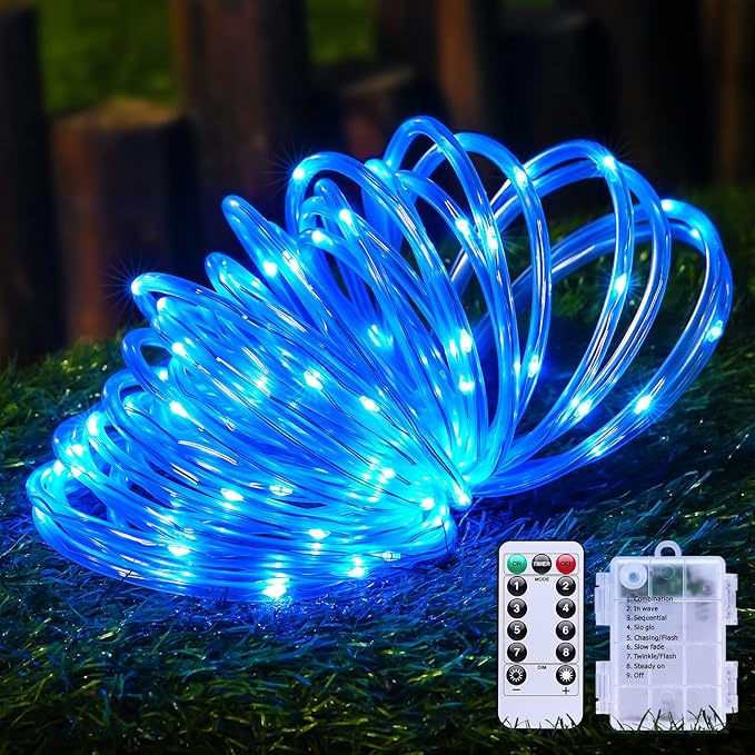 JMEXSUSS 100 LED Blue Battery Operated Rope Lights Outdoor Waterproof, 33ft 8 Modes Battery Christmas Light, Battery Powered String Lights with Remote for Trampoline Camping Canopy Tent Pool Decor