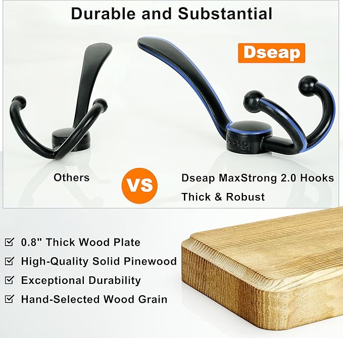 Dseap Coat Rack Wall Mounted - 24" Long 6 Tri Hooks, Heavy Duty Wooden Wall Coat Hanger Coat Hook for Clothes Hat Jacket Clothing, White and Black