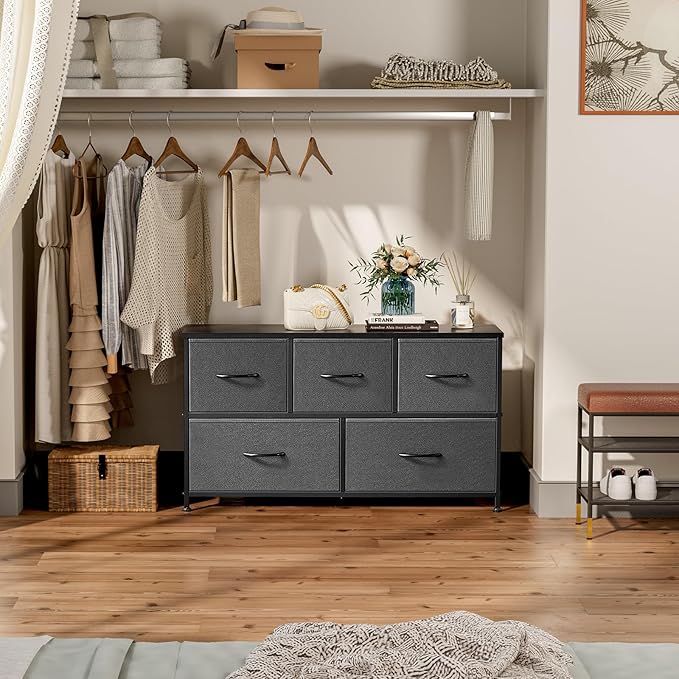 DUMOS Dresser for Bedroom, 5 Storage Drawers, Wide Fabric Closet Chests Organizer Tower Furniture with Wooden Top Metal Frame for Clothes, Guest Room, Living Room, Hallway, Entryway