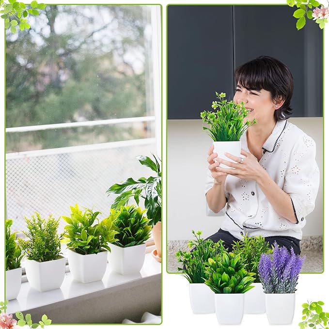 Mimorou 16 Pcs Small Fake Plants Mini Artificial Potted Plants Faux Pot Flowers Indoor Plastic Eucalyptus Greenery for Home Bathroom Living Room Office Decor