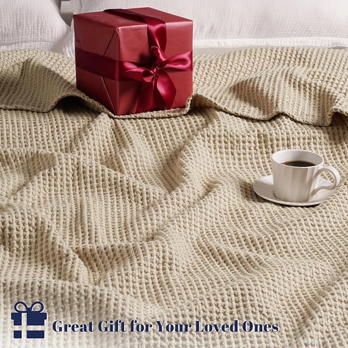 PHF 100% Cotton Waffle Weave Blanket Twin Size for Bed,Snag Proof Lightweight Breathable Throw for Couch,Great for Layering in Cold Weather,Machine Washable,Home Decor Gift-Khaki/Simply Taupe