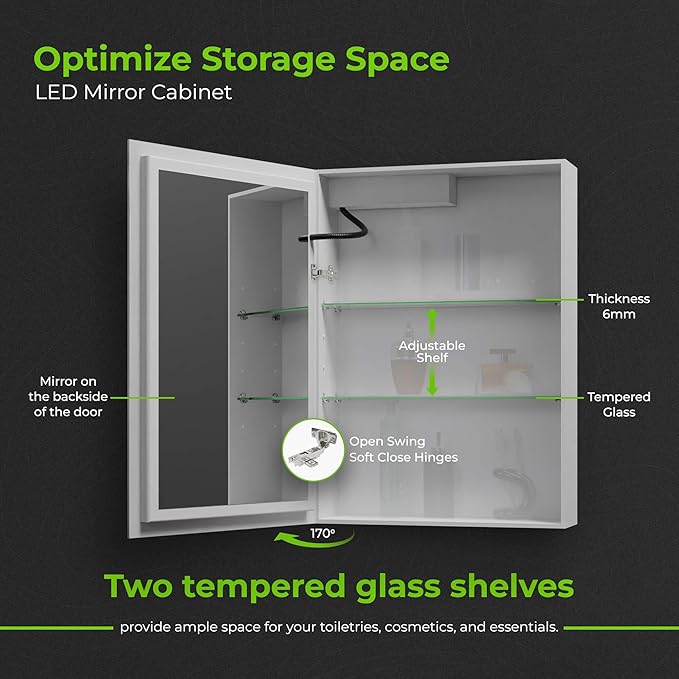 LED Lighted Medicine Cabinet Mirror 20" W x 28" H with 2 Adjustable Glass Shelves, Recessed or Surface Mount Bathroom Wall Cabinet with Touch Sensor, Defogger, Light Color Dimmer (3000-6500K)