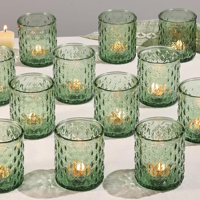 12Pcs Large Votive Candle Holders 2.8 * 3.2in Green Tea Light Candle Holders Glass Candle Holder for Bridal Shower, Wedding, Table Centerpiece, Party, Home Decor