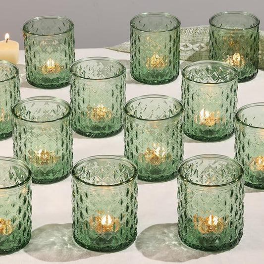12Pcs Large Votive Candle Holders 2.8 * 3.2in Green Tea Light Candle Holders Glass Candle Holder for Bridal Shower, Wedding, Table Centerpiece, Party, Home Decor
