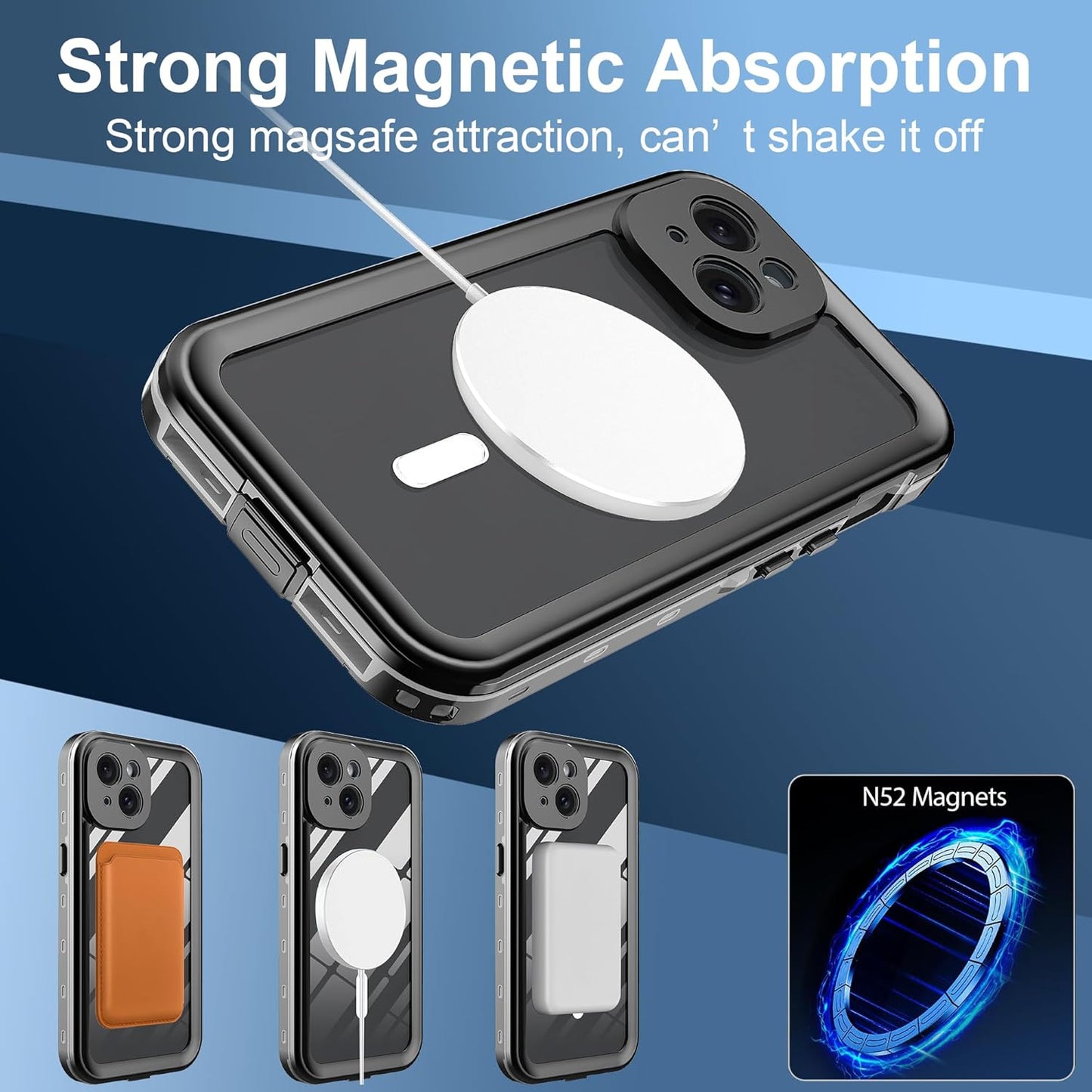 Ezanmull iPhone 15 Waterproof Case, Magnetic with Screen Protector, IP68 Underwater, 15FT Military Dropproof Black