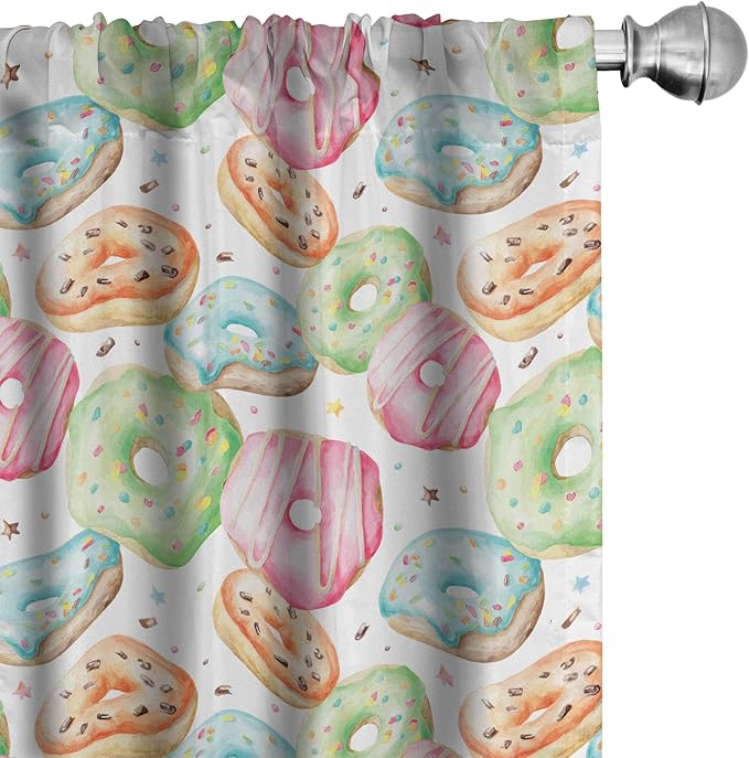 Ambesonne Watercolor Window Curtains, Delicious Donuts Pattern Various Flavors Sprinkles Stars Background, Lightweight Decor 2-Panel Set with Rod Pocket, Pair of - 28" x 84", Pale Fern