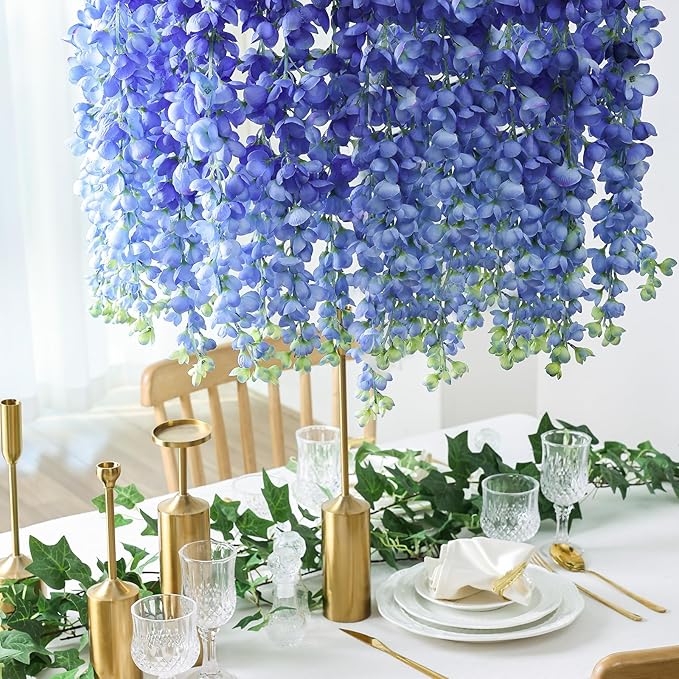 mizii 6Pcs Royal Blue Wisteria Hanging Flowers 48" Silk Wisteria Artificial Flowers Garland Vines Fake Hanging Flowers Decoration for Wedding Flower Wall Backdrop Centerpieces Room Decor (Royal Blue)