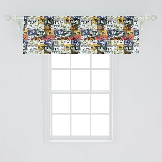 Ambesonne Vintage Window Valance, Original Retro Style License Plates Personalized Creative Travel Vacation, Curtain Valance for Kitchen Bedroom Decor with Rod Pocket, 54" X 18", Green Blue Yellow