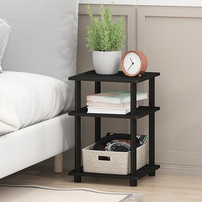 Furinno TURN-N-TUBE Side Table, 3-Tier End Table, Open Shelves Nightstand, Night Stand, Bedside Table, Easy Assembly, for Living Room, Bedroom, Blackwood