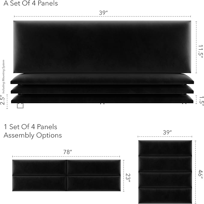 Vänt Upholstered Wall Panels - King/Cal King Size Wall Mounted Velvet Headboards - Velvet Black - Twin/King - Set of 4 Panels (Each Individual Panel 39"x11.5")