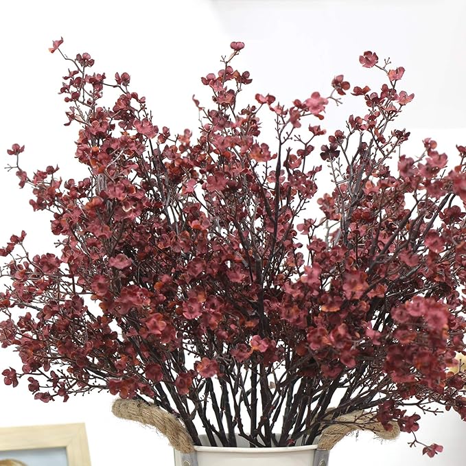JAKY-Global Babys Breath Silk Artificial Flowers Burgundy 6 Bundle Fall Stems Fake Plants Decor Wedding Party Decoration Bouquets Real Touch DIY Home Garden,Farmhouse,Living Room (Autumn Red-6pcs)
