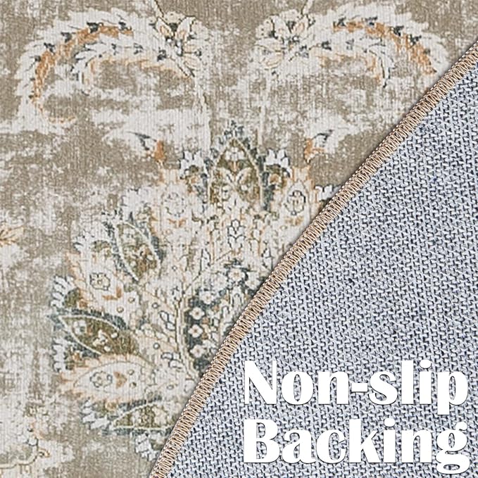 jinchan Round Rug 6ft Area Rugs Vintage Floral Distressed Design - Machine Washable Non-Slip Low-Pile Ultra-Thin Circle Rug for Entryway Bedside Living Room Dining Room Bedroom (6' Round,Taupe)