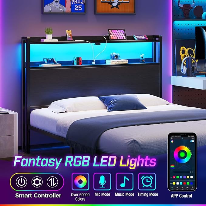 Rolanstar Headboard for Full Size Bed with Storage, 60,000 DIY Color of LED Light, Head Board with USB & Type C Port, Height Adjustable, Black Cabeceras de Cama Comfortable Modern, Wood