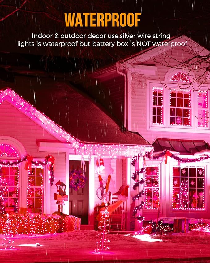 Brightown Battery Operated Fairy Lights, 10Feet 120LEDs Firecracker String Lights Waterproof Silver Wire Starry Firefly Lights for DIY Wreath Home Weeding Indoor Outdoor Christmas Decorations, Pink