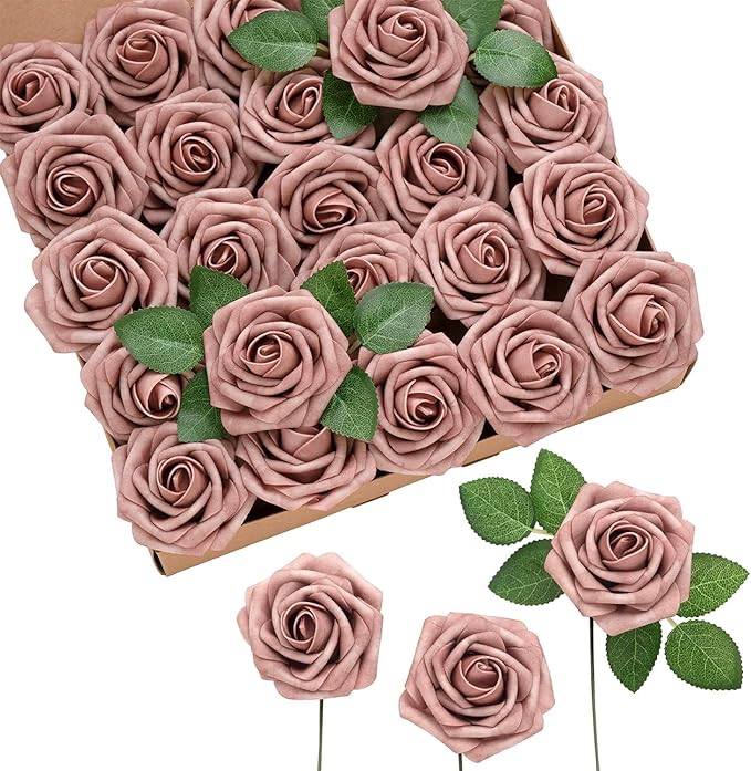 Ling's moment Artificial Flowers 25Pcs Dusty Rose Roses Decor w/Stems,3" Real Touch DIY Foam Floral for Wedding Bouquet/Centerpieces, Outdoors Party Backdrop, Room/Table, and Garden/Pot Decorations