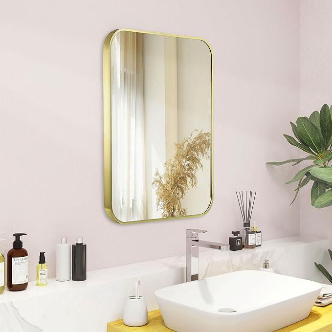 20"x30" Brushed French Gold Mirror for Wall, Gold Rounded Rectangle Mirror with Metal Frame Hanging for Bathroom Entryway Vanity,Living Room,Bedroom,Vertical or Horizontal