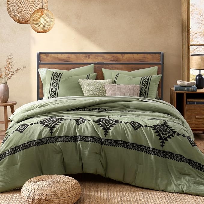 MaiRêve Embroidery Comforter Sets Full Size, Light Olive Green Western Boho Bedding Set 7 Pieces, Farmhouse All Season Bed in A Bag Comforter Set with Sheets, Pillowcases & Shams