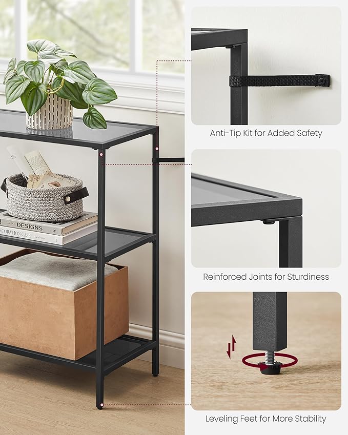 VASAGLE 51.2 Inch Console Table with 3 Shelves, Sofa Tables, Modern Entryway Table, Metal Frame, Tempered Glass Shelf, Entryway Living Room Bedroom, Classic Black and Slate Gray ULGT024B61
