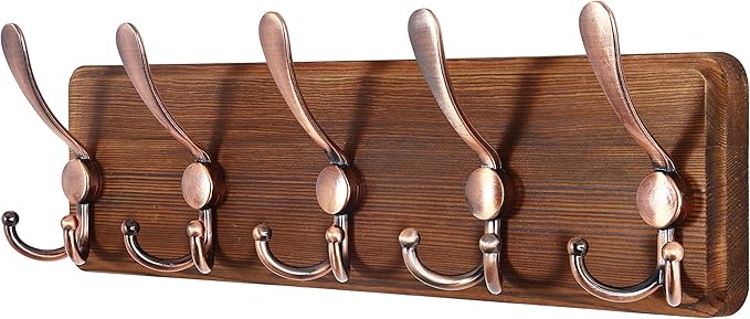 SKOLOO Rustic Pine Wood Wall Coat Rack with 5 Triple Hooks, 16" Hole to Hole, Farmhouse Wall Mounted Coat Rack for Hanging Backpack, Jacket, Hat