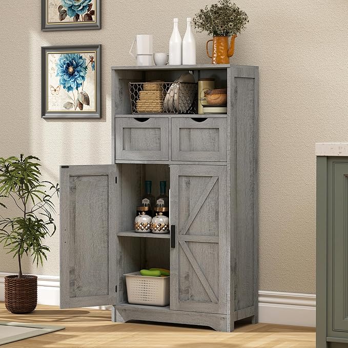 WEENFON Bathroom Cabinet, Storage Cabinet with 2 Adjustable Drawers & 2 Barn Doors, Standing Cupboard with 2 Shelf, Floor Cabinet for Living Room, Home Office, Kitchen, Grey