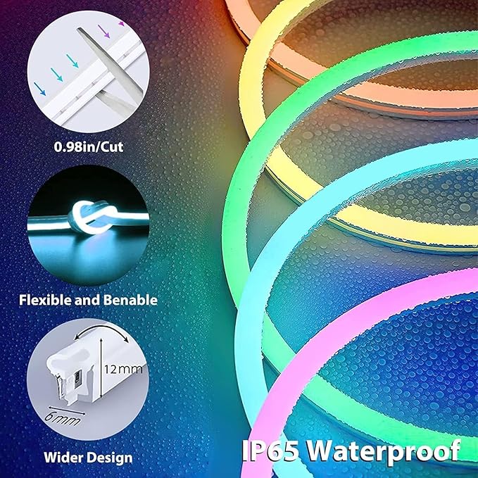 Lamomo Led Strip Lights, 16.4Ft RGB Neon Led Lights for Bedroom, 12v App Control Music Sync Color Changing Rope Light, Waterproof Flex Neon Sign for Indoor Decor（Without Power Adapter）
