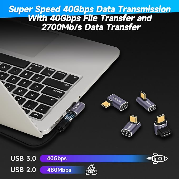 90 Degree Right Angle USB C Adapter (2 Pack), USB Type-C Male to Female Extender Connector, 40Gbps, 8K@60Hz Compatible with MacBook Pro/Air, iPhone 15/15 Pro Max, iPad Pro, Tablet, Phone, More