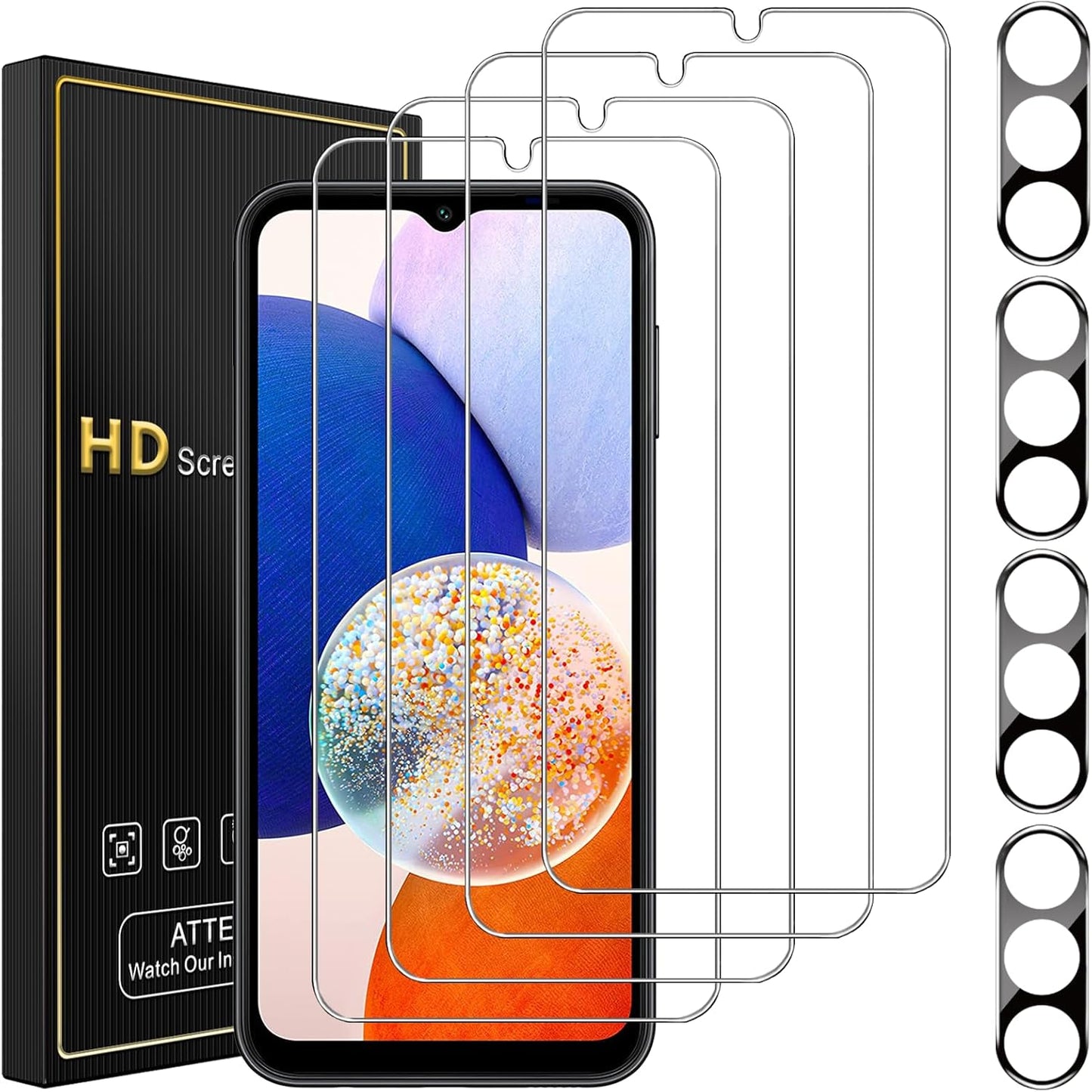 Samsung Galaxy A14 5G Screen Protector 4 Pack with Camera Lens Protectors, Full Coverage, Anti-Fingerprint, Bubble Free.