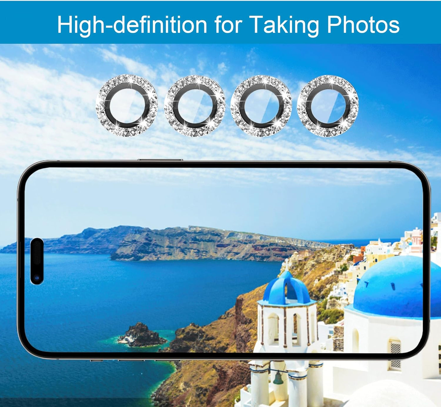 iPhone 11 Series Camera Lens Protector - 3+1 Glitter Bling, Tempered Glass, Case Friendly, Silver Ring Accessories.