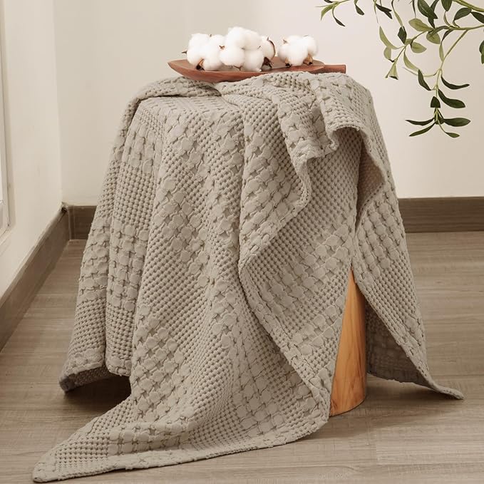 PHF 100% Cotton Waffle Weave Throw Blanket, Soft Lightweight Breathable Cozy Throws for Couch Bed Sofa, Luxury Aesthetic Woven Blanket for Home Decor & Office, 50"x60", Taupe