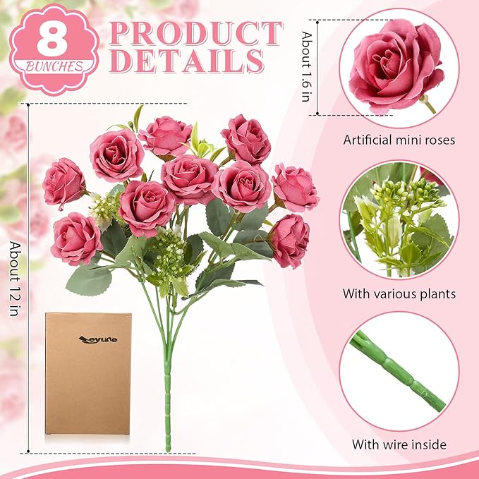 Zeyune 8 Pack 12 Inch Wedding Bouquets for Bride Bridesmaid Pastel Pink Artificial Rose Bouquet Fake Silk Roses Flowers Bunches Bulk for Home Office Garden Parties Decoration