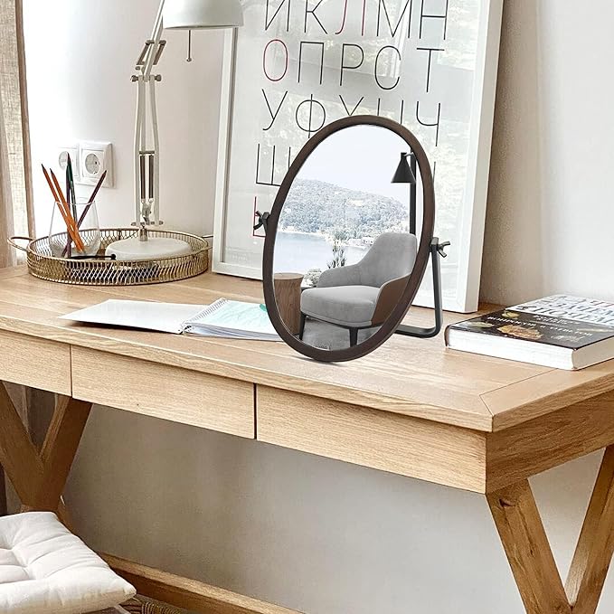 Vanity Table Makeup Mirror-Desk Small Standing Vintage Mirrors 360° Adjustable Rotation, Bronze Wood Framed for Dressing Table,Bedroom, Bathroom,Tabletop,Antique,Desktop 11.8'' x 7.8''