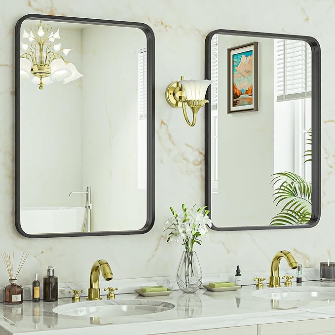 SUPER DEAL 22x30 Inch Black Wall Mirror for Bathroom, 2PCS Wall Mounted Rectangular Entryways Decor Vanity Mirrors with Stainless Steel Metal Frame and Rounded Edge