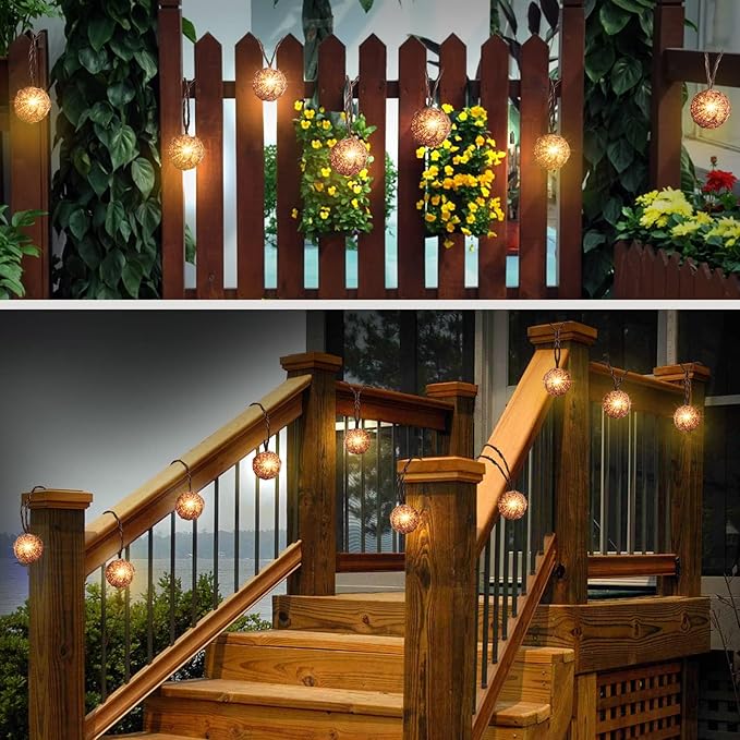 Rattan Christmas String Lights, 10 Mini Natural Globe Rattan Balls, Wicker Lights for Patio, Wedding, Garden, Party, Home Decor, Indoor Outdoor Use, 7.92Ft (Brown Cord)