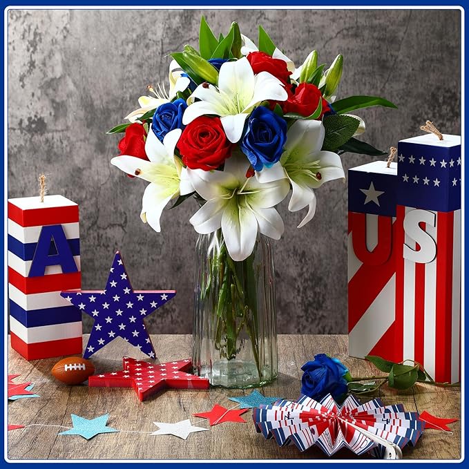 Hotop 20 Pcs Artificial Flowers Velvet Realistic Roses and Latex Lilies Flowers Bouquet Decorations Arrangements for Home Table Centerpieces Independence Day(Red,Blue,White)