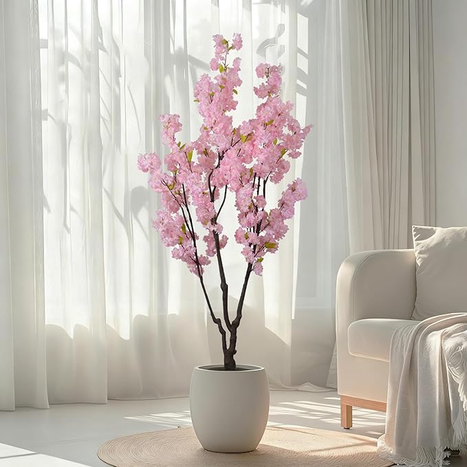 Faux Pink Cherry Blossom Tree 6.5ft(78in) Tall Artificial Plant Indoor Decor Handmade Natural Fake Sakura Tree for Wedding Realistic Silk Cherry Floral in Pot for Home Living Room,Office,Outdoor Decor